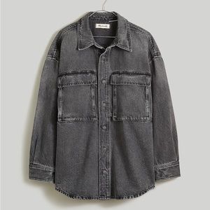 denim oversized cargo shirt jacket in lunar wash